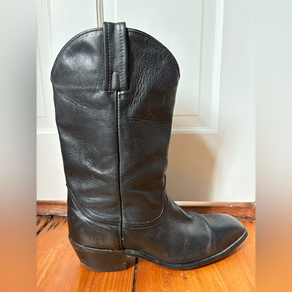 FRYE Vintage Black Pull-On Leather Cowboy Boots, Size 14 D - wide calves - Picture 2 of 12